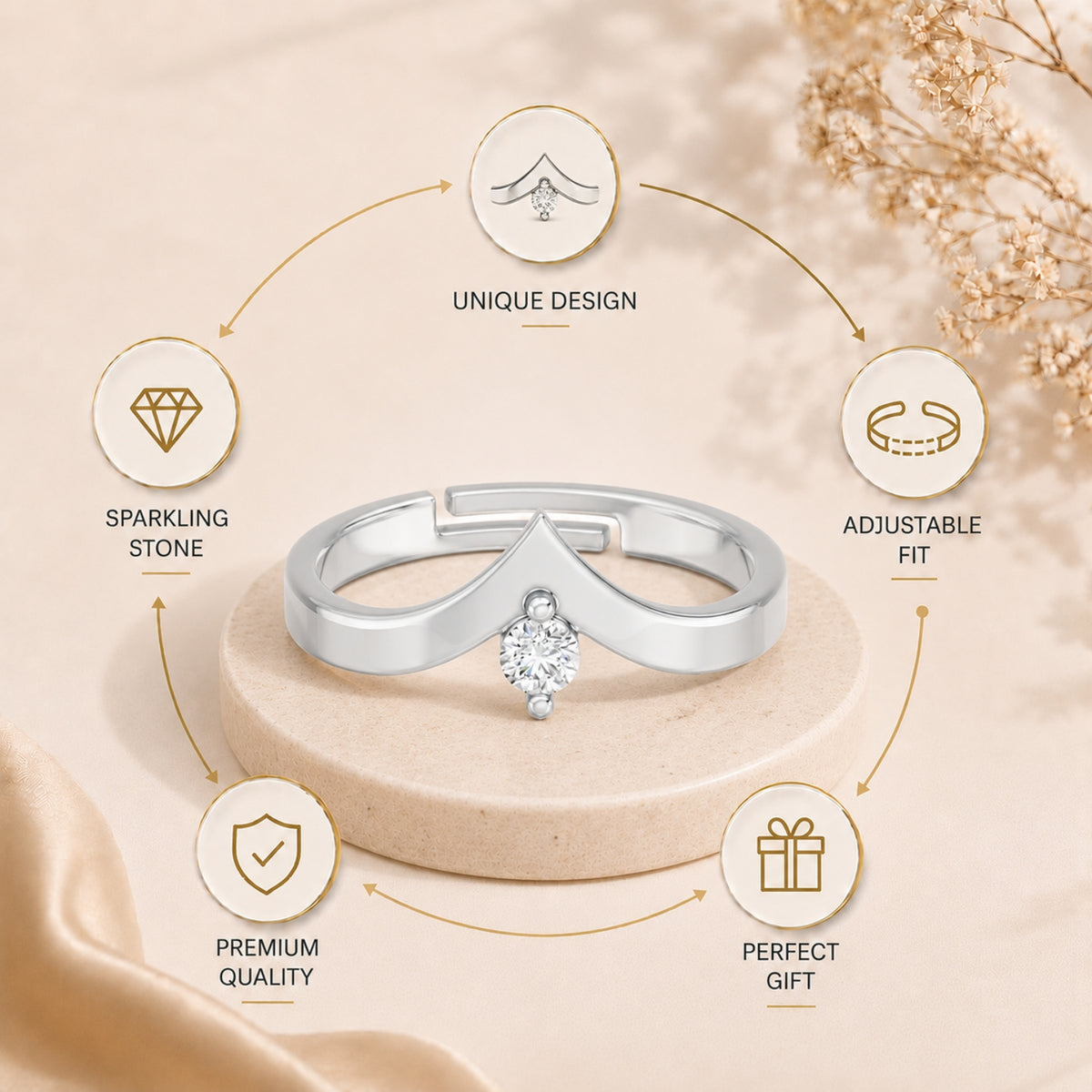 V-Shaped Round Solitaire Rhodium plated 925 sterling silver Ring