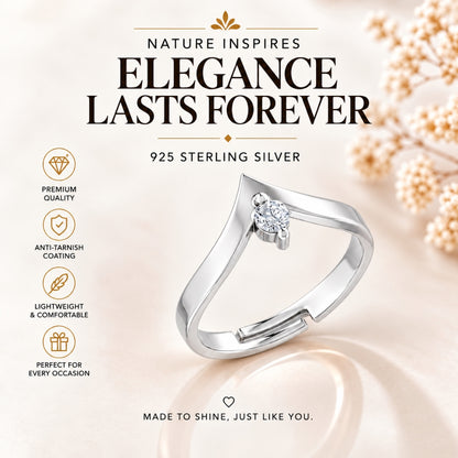 V-Shaped Round Solitaire Rhodium plated 925 sterling silver Ring