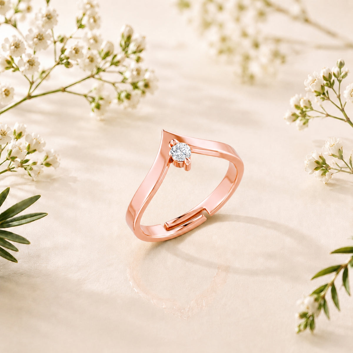 V-Shaped Round Solitaire Rose Gold plated 925 sterling silver Ring