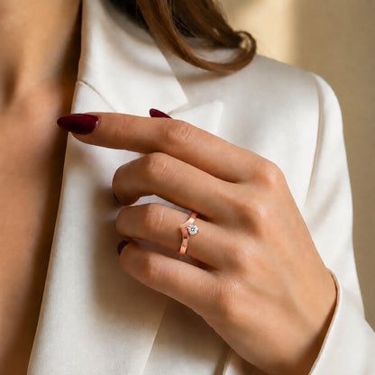 V-Shaped Round Solitaire Rose Gold plated 925 sterling silver Ring