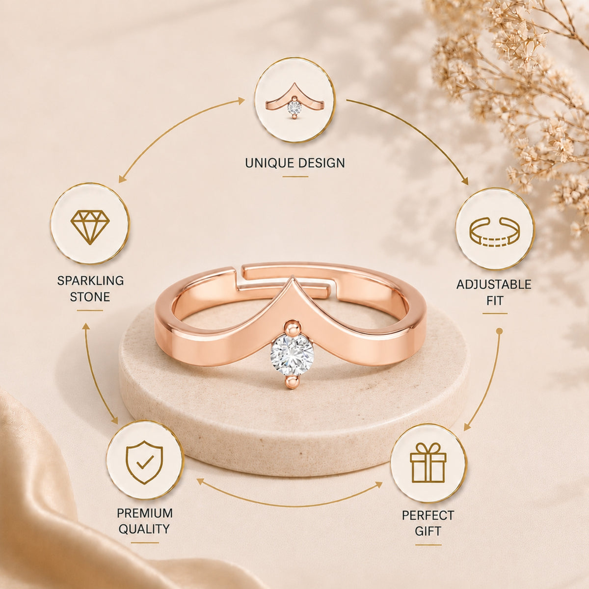 V-Shaped Round Solitaire Rose Gold plated 925 sterling silver Ring