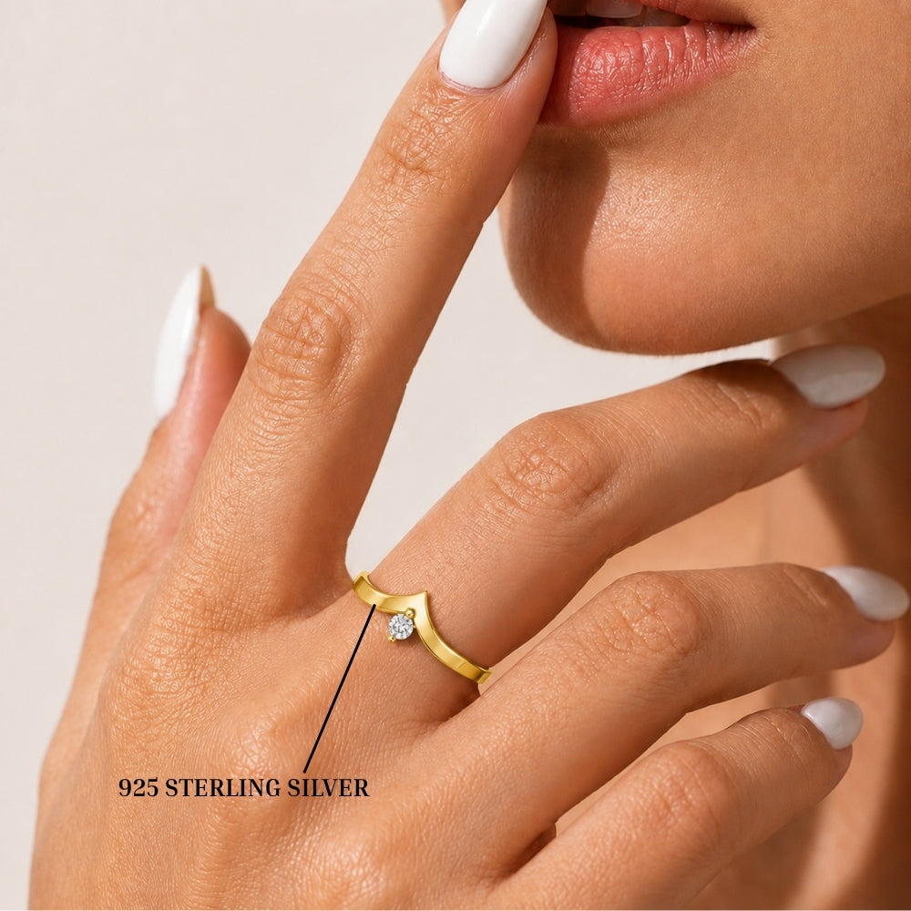 V-Shaped Round Solitaire Gold plated 925 sterling silver Ring