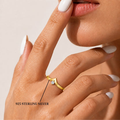 V-Shaped Round Solitaire Gold plated 925 sterling silver Ring