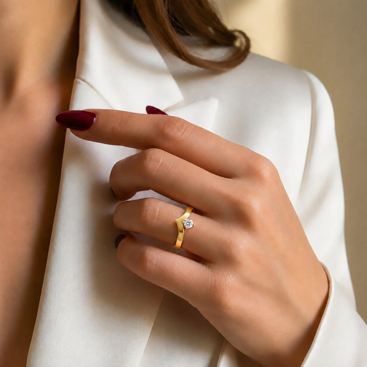 V-Shaped Round Solitaire Gold plated 925 sterling silver Ring