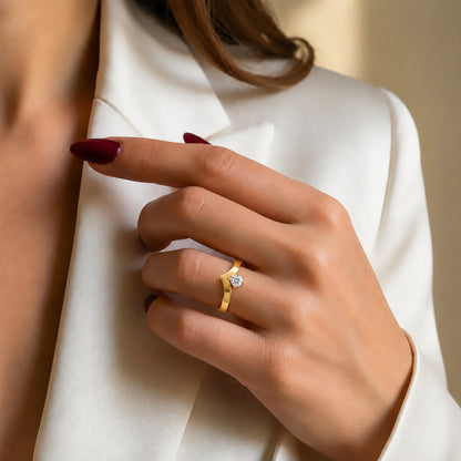 V-Shaped Round Solitaire Gold plated 925 sterling silver Ring
