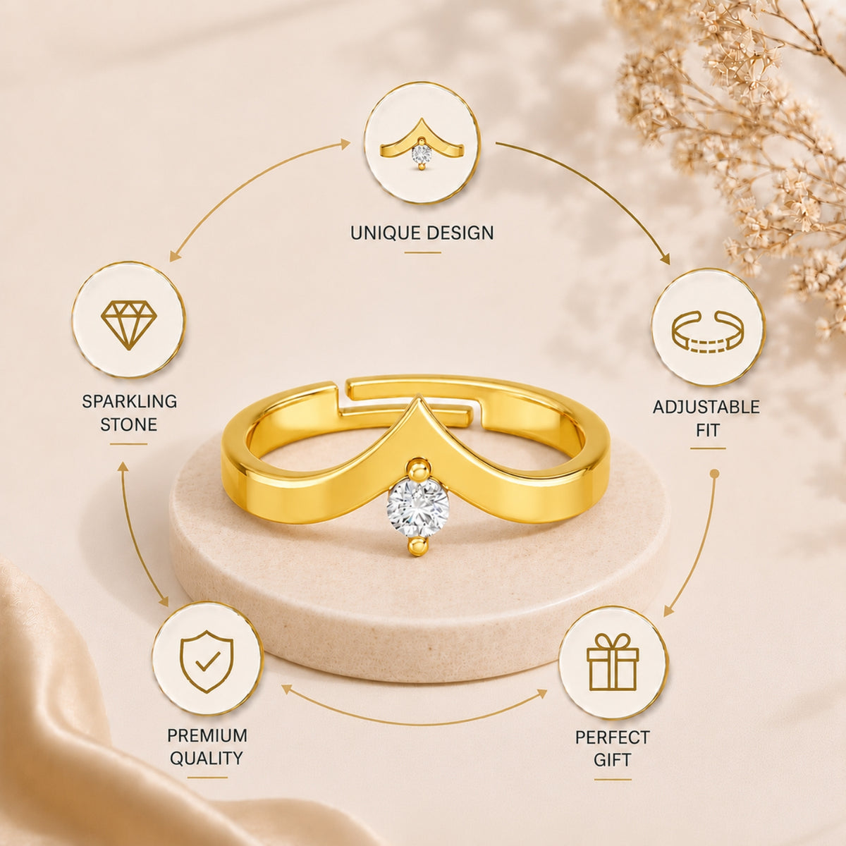 V-Shaped Round Solitaire Gold plated 925 sterling silver Ring