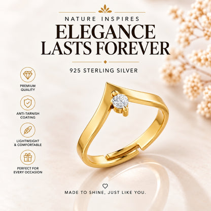 V-Shaped Round Solitaire Gold plated 925 sterling silver Ring