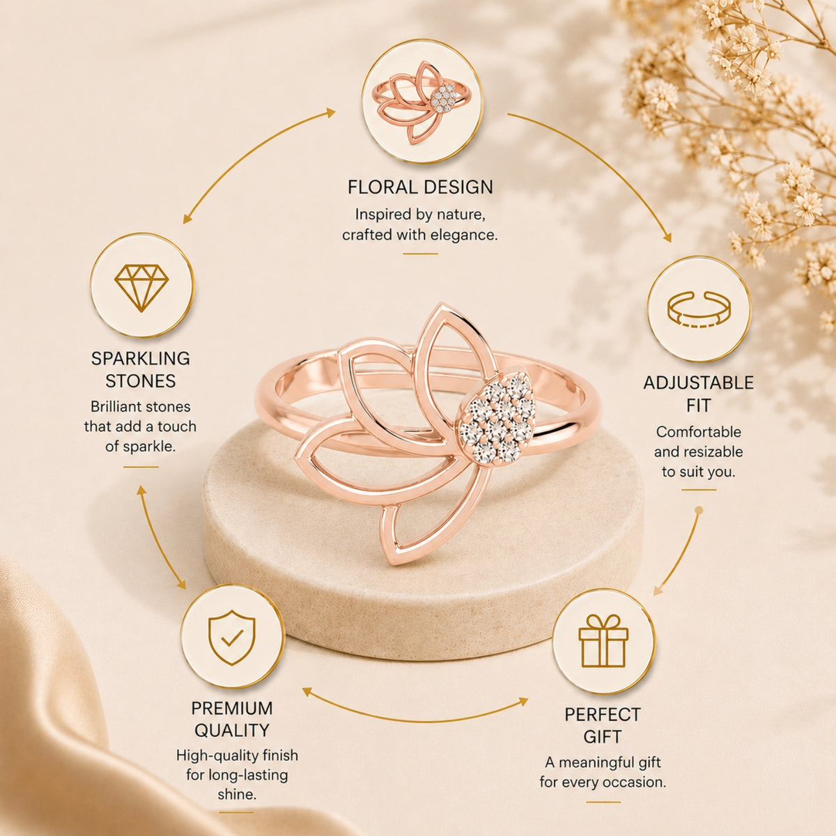 Pavé Teardrop Leaf Rose Gold Plated 925 sterling silver Ring