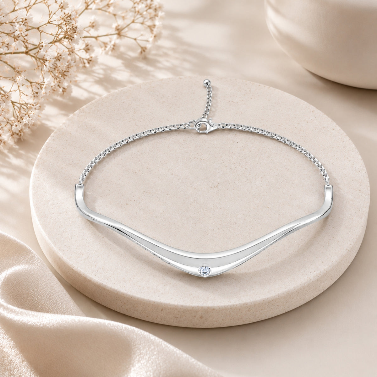 Serene Wave Rhodium Plated 925 Sterling Silver Bracelet