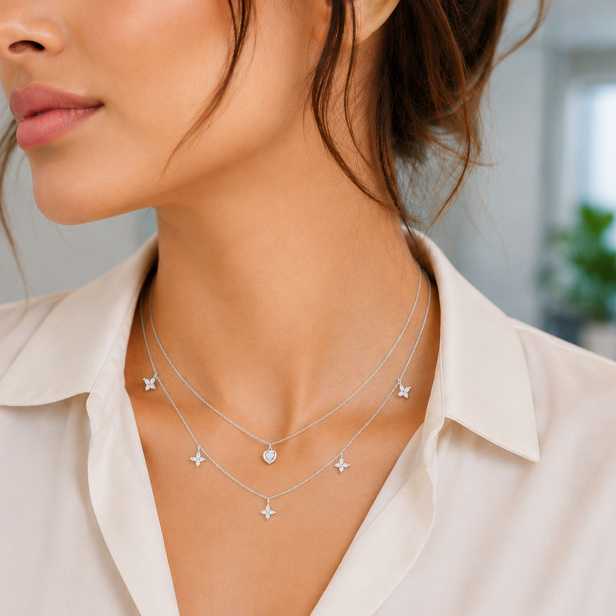 Fluttering Love Layered Rhodium Plated 925 Sterling Silver Necklace