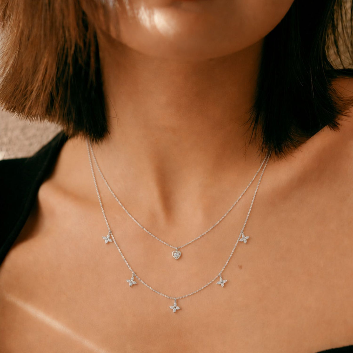 Fluttering Love Layered Rhodium Plated 925 Sterling Silver Necklace
