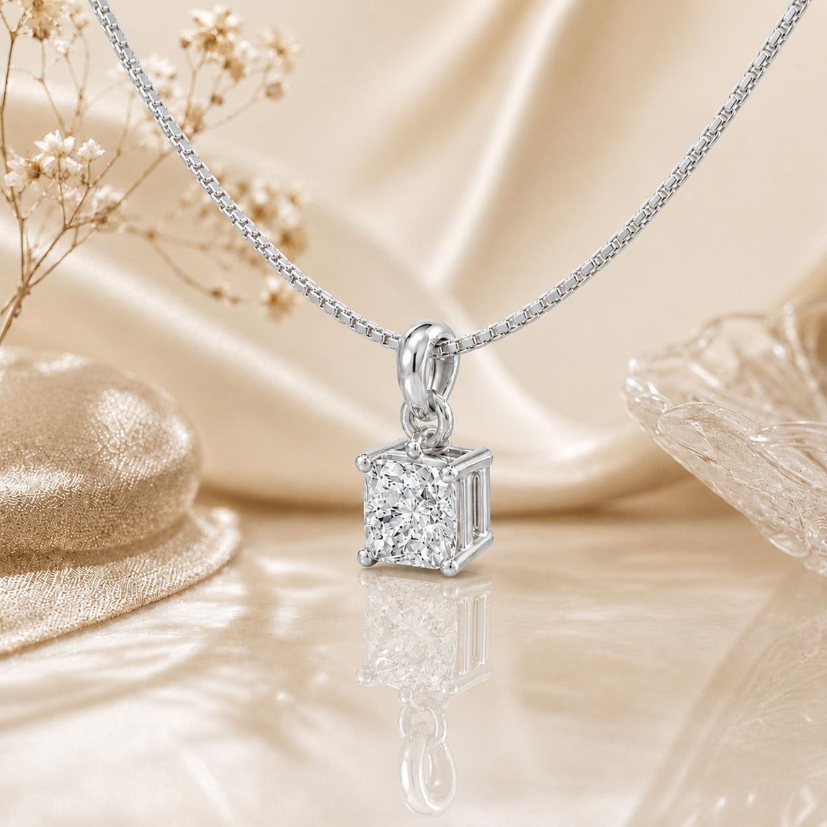 Prism Solitaire Rhodium Plated Pendant 925 Sterling Silver Necklace