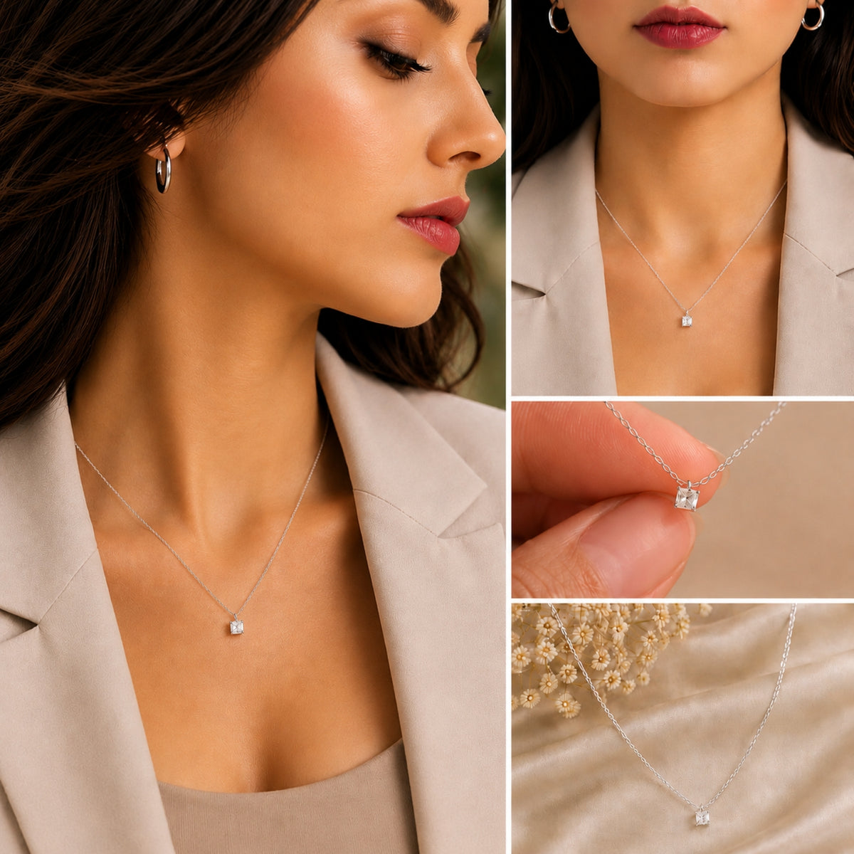 Prism Solitaire Rhodium Plated Pendant 925 Sterling Silver Necklace