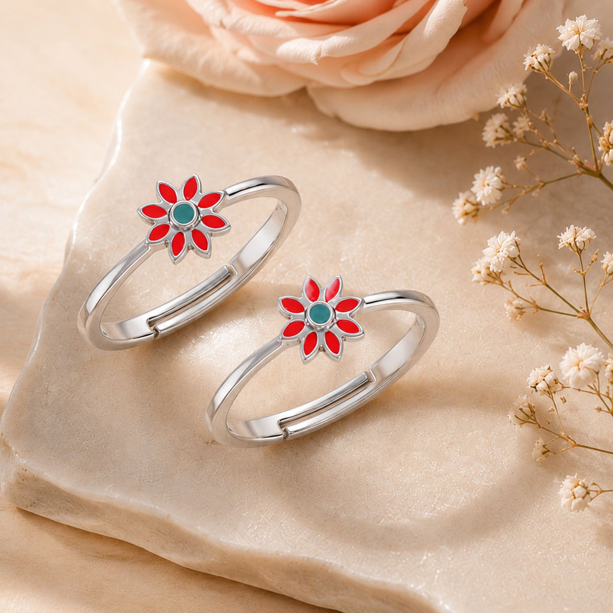 Coral Bloom Enamel Floral Adjustable Toe Rings