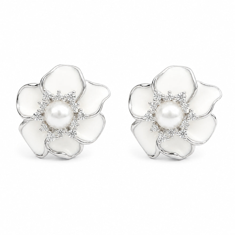 White Pearl Flower Earrings