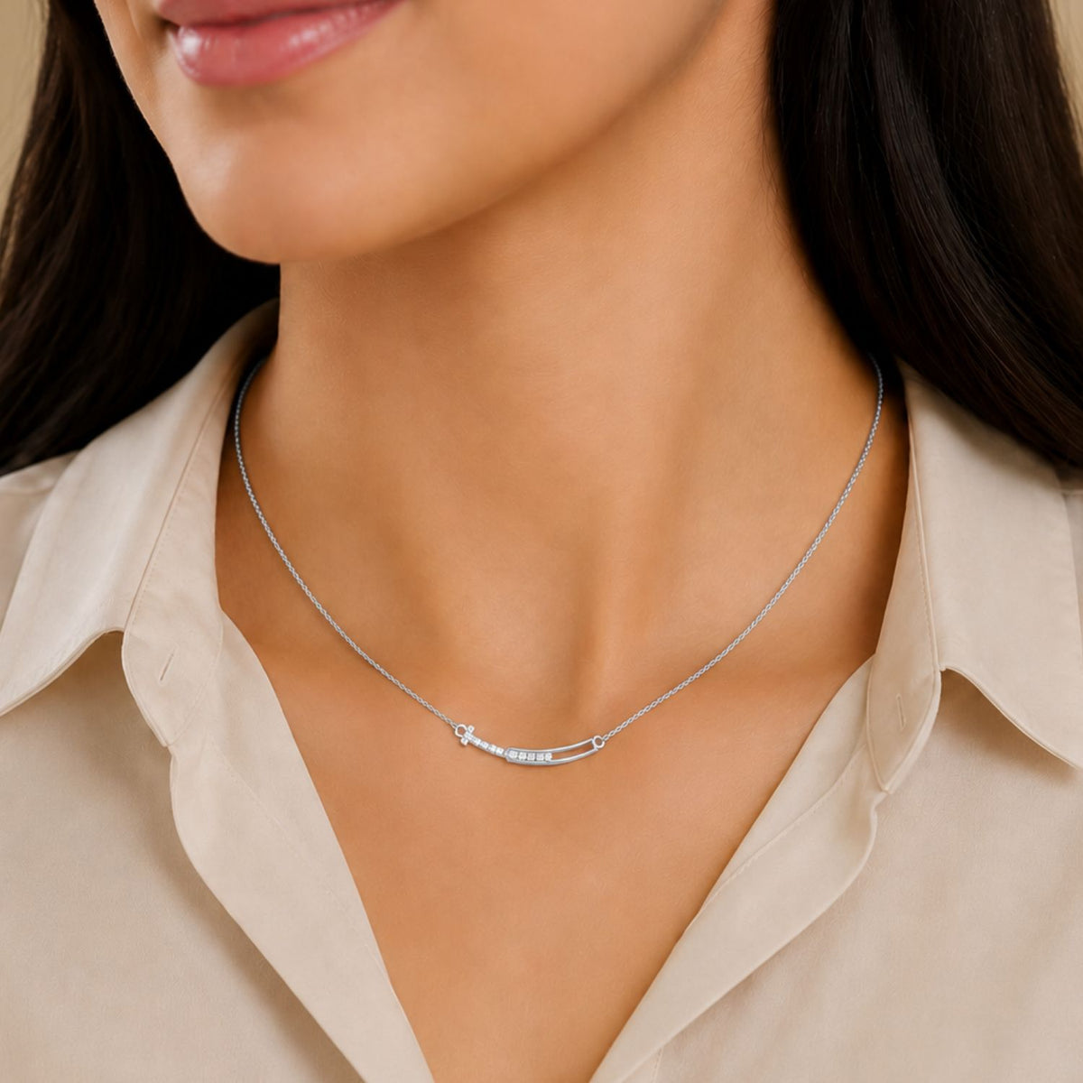 Radiant Arc Bar Rhodium Plated  Necklace